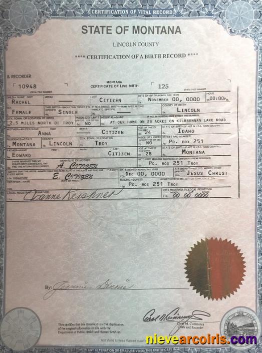 USA Montana state birth certificate